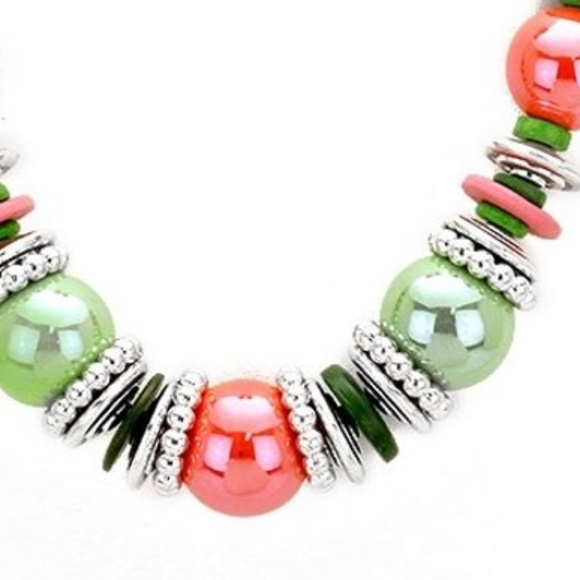 Pink And Green Ceramic Bead Necklace Earring Set - Picture 3 of 4